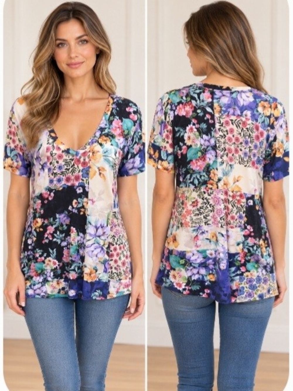 Johnny Was Multicolor Floral Patchwork V-Neck Short Sleeve Tee